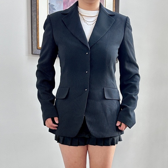 Tahari Arthur S Levine career black striped fitted blazer size 6 - Picture 2 of 15